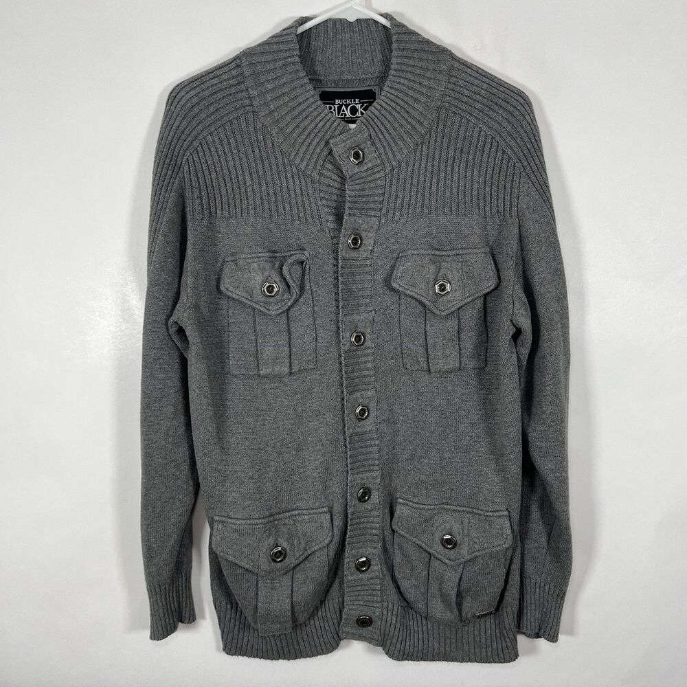 Buckle Black Slim Fit Cardigan Sweater Mens Large Gray Button Front 4 Pockets